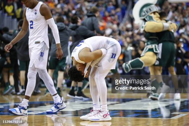 Tre Jones of the Duke Blue Devils reacts after his teams, 68-67, loss to the Michigan State Spartans in the East Regional game of the 2019 NCAA Men's...