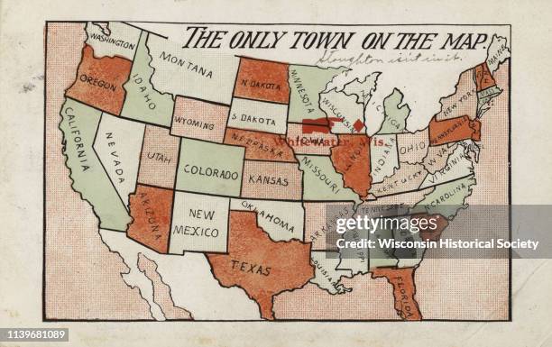 Map of the United States with an imprint of Whitewater, Wisconsin and the title 'The Only Town on the Map,' Whitewater, Wisconsin, 1905. It was...