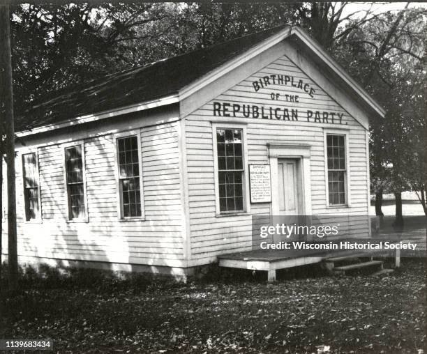 Exterior view of the 'Little White Schoolhouse,' birthplace of the Republican Party, Ripon, Wisconsin, 1913.