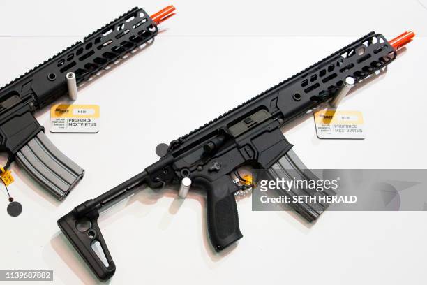 Airsoft rifles used for the recreational sport are displayed during the National Rifle Association 2019 Annual Meetings on Saturday, April 27, 2019...