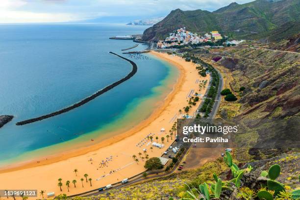 view of a beautiful beach in canary island, las teresitas,tenerife,spain - san andres mountains stock pictures, royalty-free photos & images