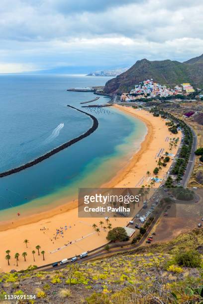 view of a beautiful beach in canary island, las teresitas,tenerife,spain - playa de las teresitas stock pictures, royalty-free photos & images