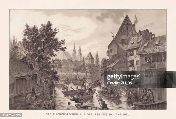 fishermen's jousting at the pegnitz, nuremberg in 1671, chromolithograph, 1888 - jousting stock illustrations