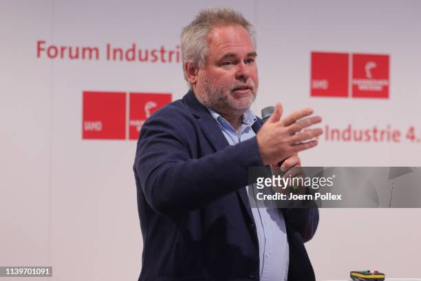 Eugene Kaspersky, Chief Executive Officer of Kaspersky Lab speaks duing the Forum Industrie 4.0 at Hannover Messe, where Kaspersky Lab presented its...