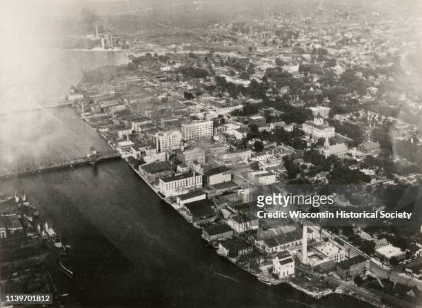 Aerial view of Green Bay's commercial district on the Fox River, Green Bay, Wisconsin, 1920.