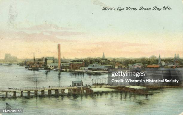 Elevated view of bridges and the Fox River, Green Bay, Wisconsin, 1905.