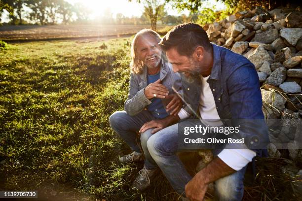 two happy men in garden at sunset - talking friends backlight stock pictures, royalty-free photos & images