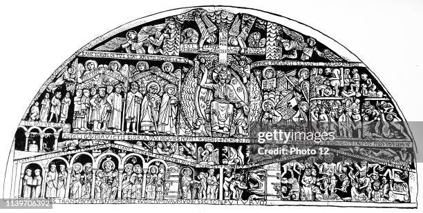 The Tympanum of Conquest. It's message is spelt in adapted Latin Vulgate. Christ is depicted in the centre with a scroll in his right hand which...