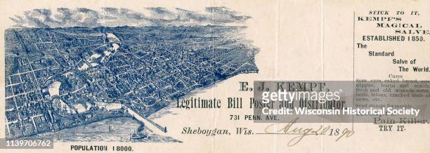 Bird's-eye view of Sheboygan on an advertisement for Kempf's Magical Salve, distributed by EJ Kempf, 'Legitimate Bill Poster and Distributor,'...
