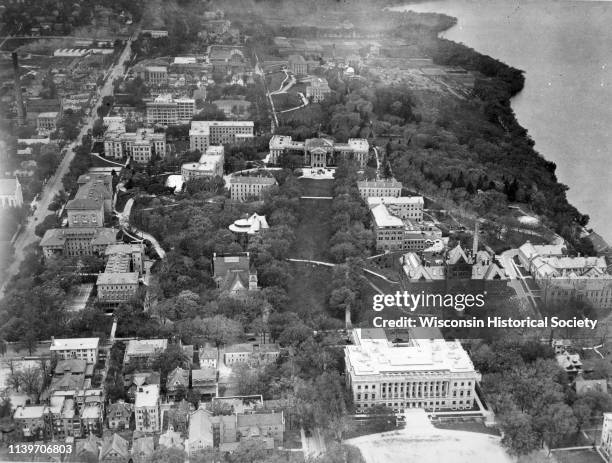 Aerial view of the Wisconsin Historical Society, Science Hall, and Bascom Hall on Bascom Hill on the University of Wisconsin-Madison campus, Madison,...