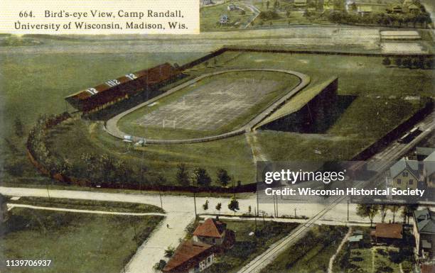 Aerial view of Camp Randall Stadium on the University of Wisconsin-Madison campus, Madison, Wisconsin, 1908. Top image on Place File card.