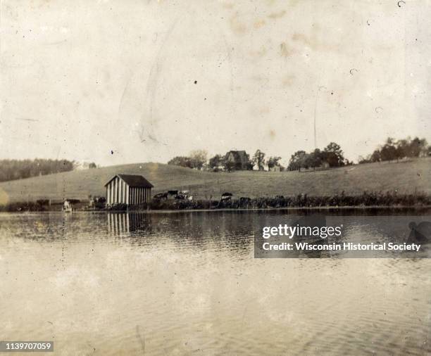 View of shoreline along Picnic Point on the University of Wisconsin-Madison campus showing the home of Professor William Daniels, head of the...