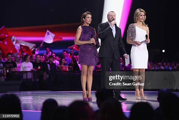 Hosts Anke Engelke, Stefan Raab and Judith Rakers lead the first semi-finals of the Eurovision Song Contest 2011 on May 10, 2011 in Duesseldorf,...