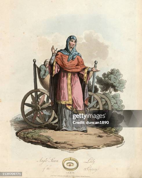 costume of anglo saxon woman of 9th century england - anglo saxon stock illustrations