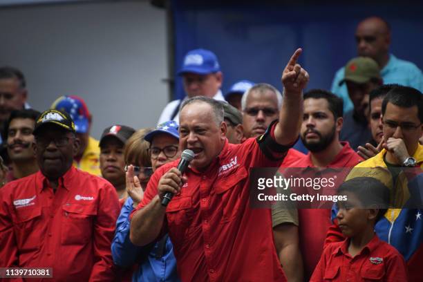 Venezuela's National Constituent Assembly President Diosdado Cabello gestures as he speaks during a demonstration to back up the decision of ruling...