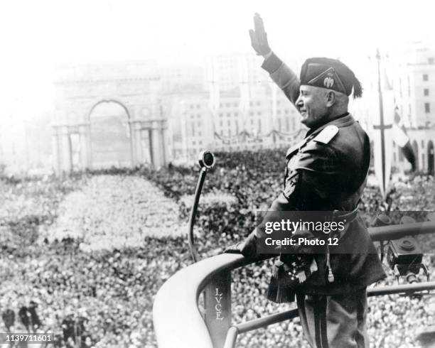 Benito Mussolini Italian politician addresses fascist supporters in Rome 1938.