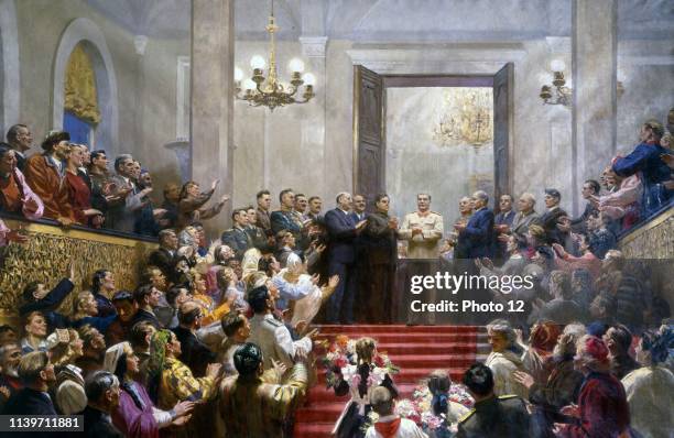 Painting by Yuri Kugach 'The Glorification of Stalin' Surrounding Stalin are other Soviet leaders including Lavrenti Beria, Mikhail Suslov, Marshal...