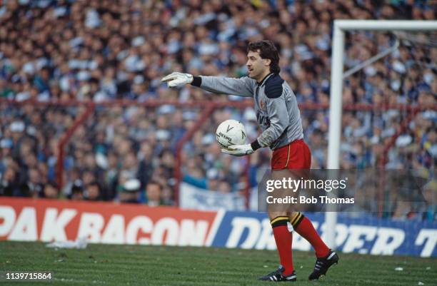 Watford goalkeeper Gary Plumley taking a goal kick during the FA Cup semi final against Tottenham Hotspur at Villa Park, Birmingham, 11th April 1987....