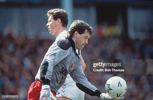 Watford goalkeeper Gary Plumley clears as Tottenham Hotspur's Clive Allen follows up during the FA Cup semi final against Tottenham Hotspur at Villa...