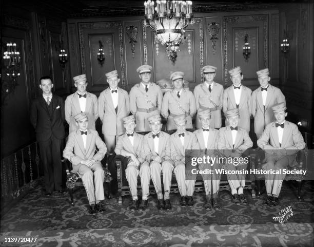 Group portrait of Orpheum Theatre ushers in uniform, Madison, Wisconsin, September 9, 1928.