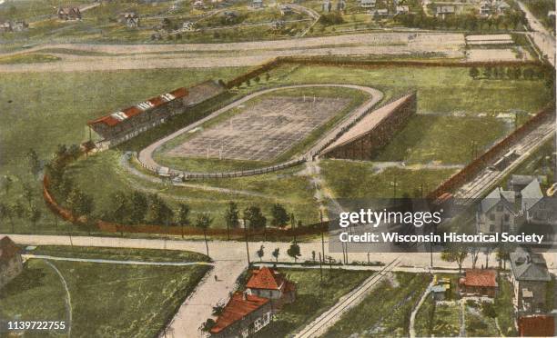 Color postcard of an aerial view of Camp Randall Stadium at the University of Wisconsin-Madison, Madison, Wisconsin, 1908.