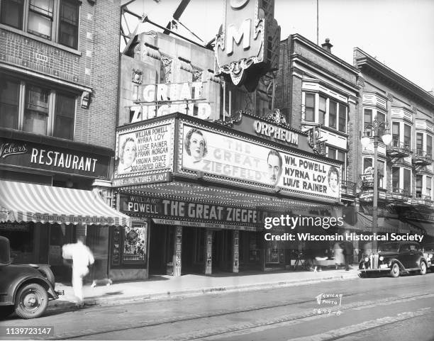 Orpheum Theatre marquee featuring William Powell, Myrna Loy and Luise Rainer in The Great Ziegfeld, Madison, Wisconsin, September 9, 1936. View also...