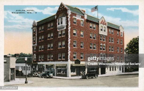 View of the stately Avalon Hotel, Waukesha, Wisconsin, 1920. A drugstore occupied some of the space on the first floor.