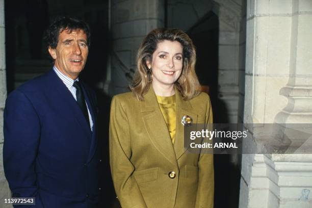 French Actress Catherine Deneuve In Blois, France In February, 1990-French actress Catherine Deneuve with Jack Lang, mayor of Blois. February, 1990.