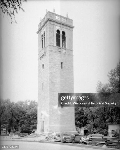 The Carillon Tower on the University of Wisconsin-Madison campus just after its completion, Madison, Wisconsin, June 5, 1935. Construction debris...