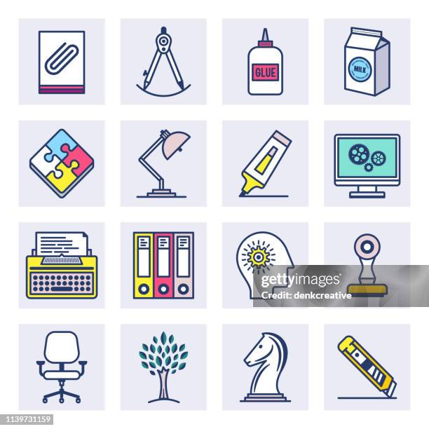 distance education courses flat line style vector icon set - typewriter isolated stock illustrations