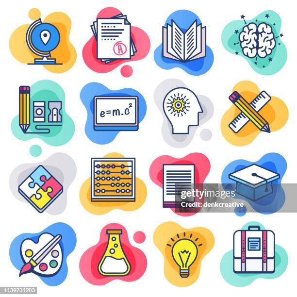 ilustraciones, imágenes clip art, dibujos animados e iconos de stock de educación de la escuela pública de línea plana vector de estilo líquido icono conjunto - resultados de examen