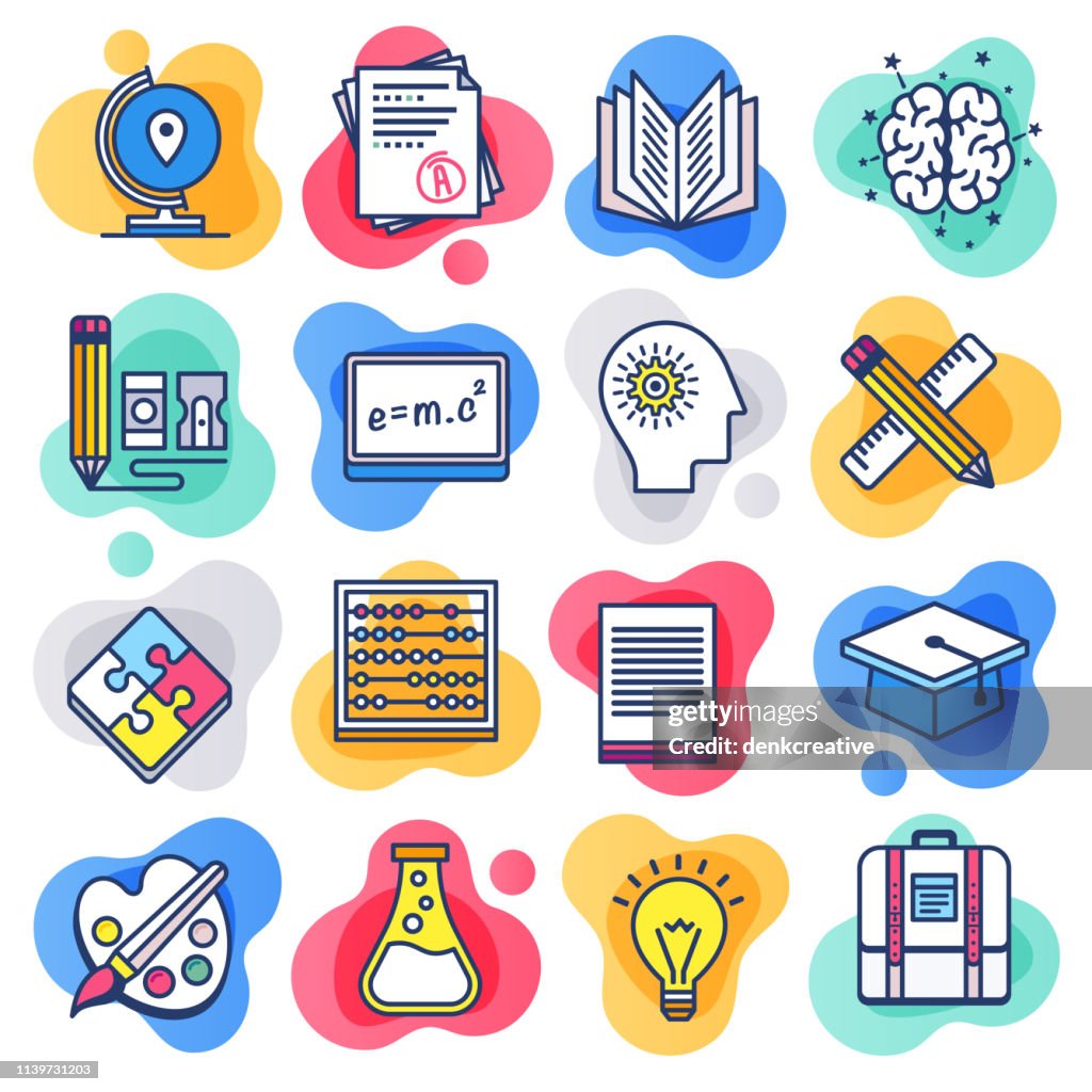 Public School Education Flat Line Liquid Style Vector Icon Set