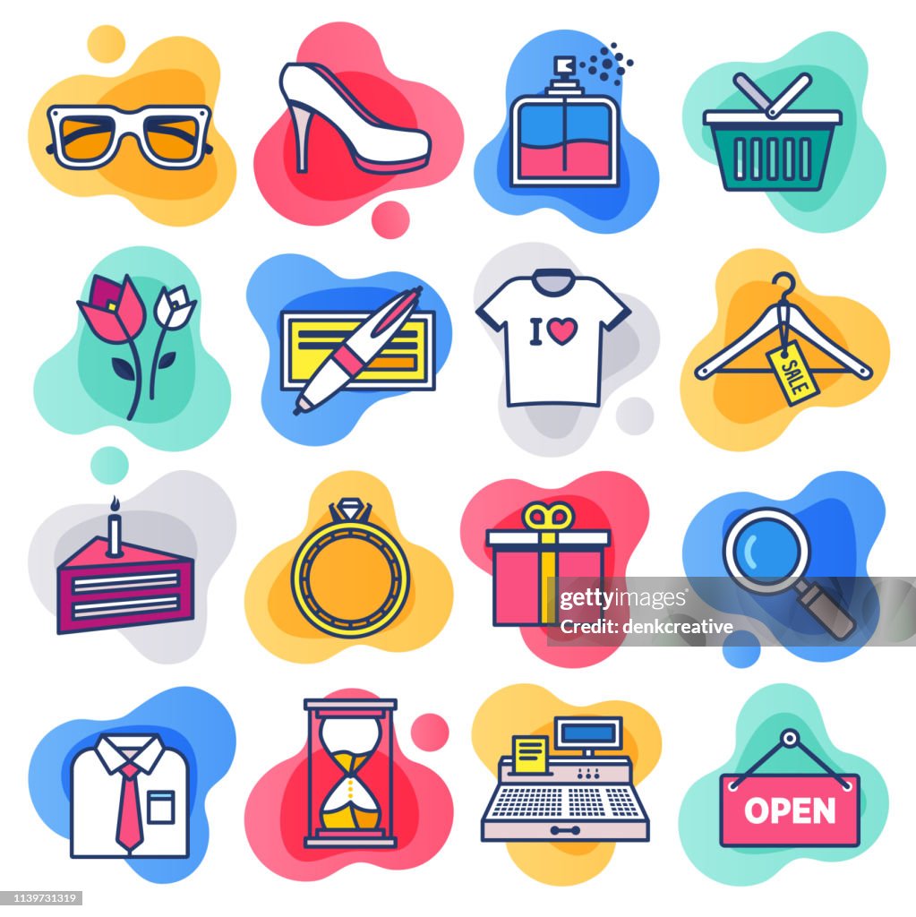 Seasonal Products Gift Cards Flat Line Liquid Style Vector Icon Set