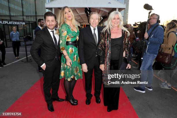 Sebastian Buergin 'Baschi', Alana Netzer, Guenter Netzer and his wife Elvira Lang Netzer attend the Hall Of Fame gala at Deutsches Fussballmuseum on...