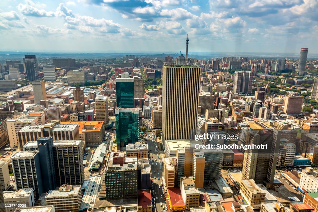 Aerial view of Johannesburg city skyline, South Africa.
