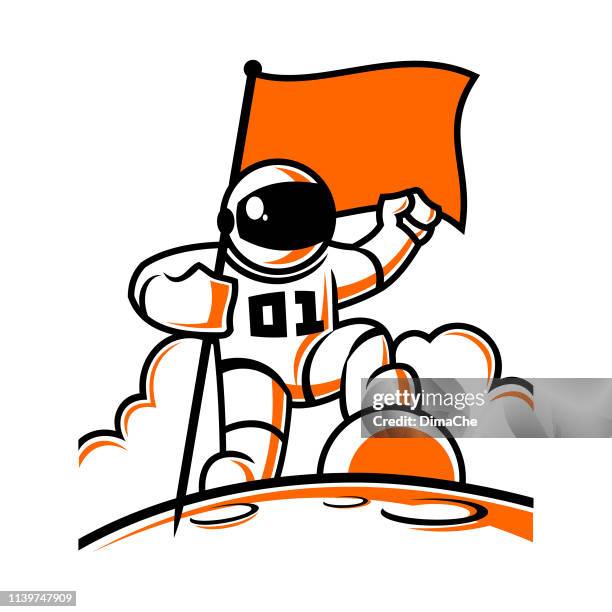 astronauten-charakter im weltraumanzug mit fahne - astronaut mond stock-grafiken, -clipart, -cartoons und -symbole