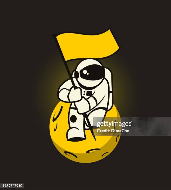 stockillustraties, clipart, cartoons en iconen met astronaut met vlag op de gestileerde maan - astronaut