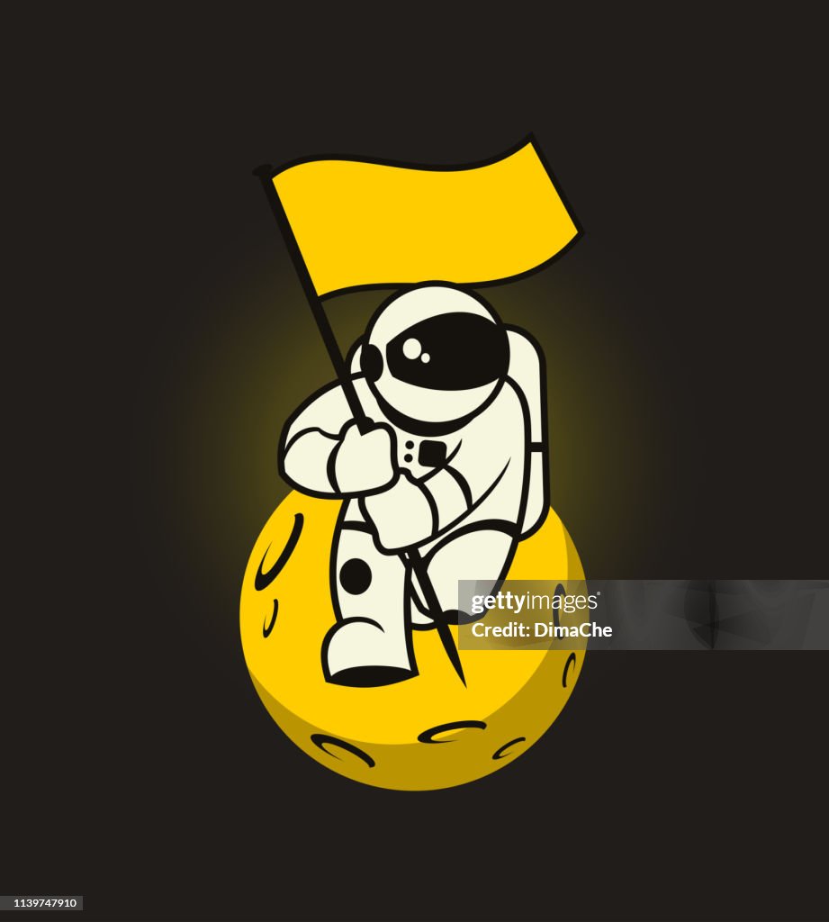 Astronaut with flag on the stylized Moon