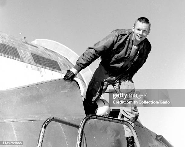 Photograph of Neil Armstrong in the cockpit of the Ames Bell X-14 airplane at NASA's Ames Research Center, Moffett Field, California, 1955. Image...