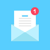 New email notification, new incoming message concepts. Vector icon. E-mail message, newsletter, opened envelope with document and red icon with number 1. Modern flat design