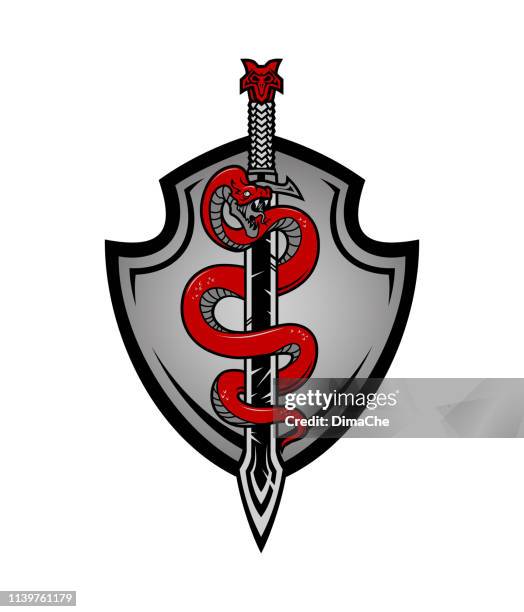 schlange und schwert auf schild. schlange um einen dolch oder schwert mit schild auf dem hintergrund gewickelt - viper logo stock-grafiken, -clipart, -cartoons und -symbole