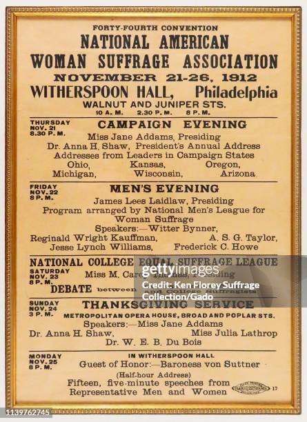 Poster advertising the National American Woman Suffrage Association convention, including speakers Jane Addams and Anna Howard Shaw, at Witherspoon...