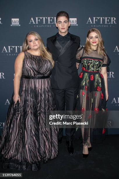 Anna Todd, Josephine Langford and Hero Fiennes Tiffin attend the 'After' screening at Hotel Royal Monceau Raffle on April 01, 2019 in Paris, France.