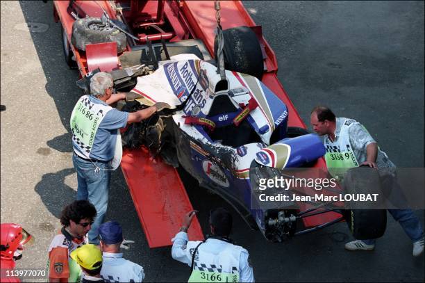 Formula 1/ accident of Ayrton Senna in Imola, Italy on May 01, 1994-The car of Senna after the crash.