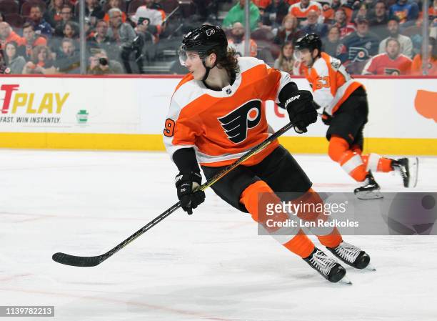 Nolan Patrick of the Philadelphia Flyers skates against the Toronto Maple Leafs on March 27, 2019 at the Wells Fargo Center in Philadelphia,...