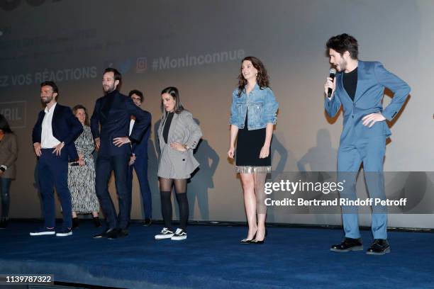 Actors Amaury de Crayencour, Benjamin Lavernhe, Camille Lellouche, Josephine Japy and Francois Civil dance during the "Mon Inconnue" Paris Premiere...