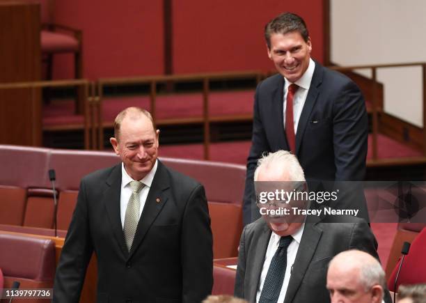 Australian senator Fraser Anning and Senator Cory Bernardi in the Senate at Parliament House on April 02, 2019 in Canberra, Australia. A motion to...