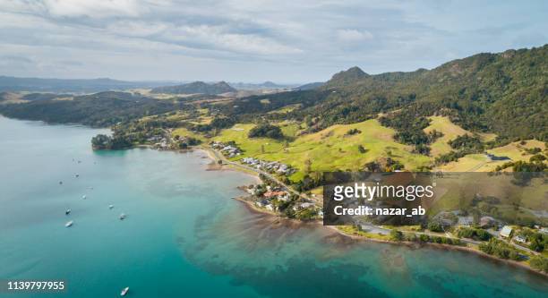 panoramic view of whangarei head, new zealand. - whangarei heads stock pictures, royalty-free photos & images