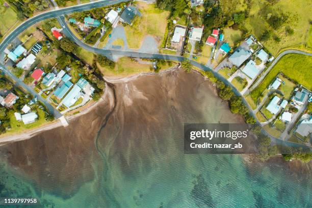 houses along the coast. - new zealand beach house stock pictures, royalty-free photos & images