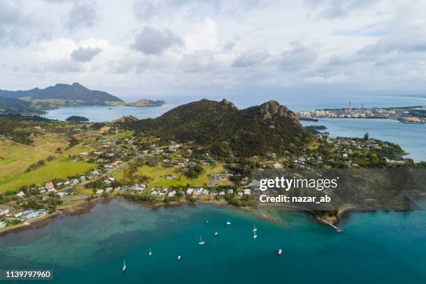 aerial view of whangarei heads, north island, new zealand. - bay of islands stock pictures, royalty-free photos & images